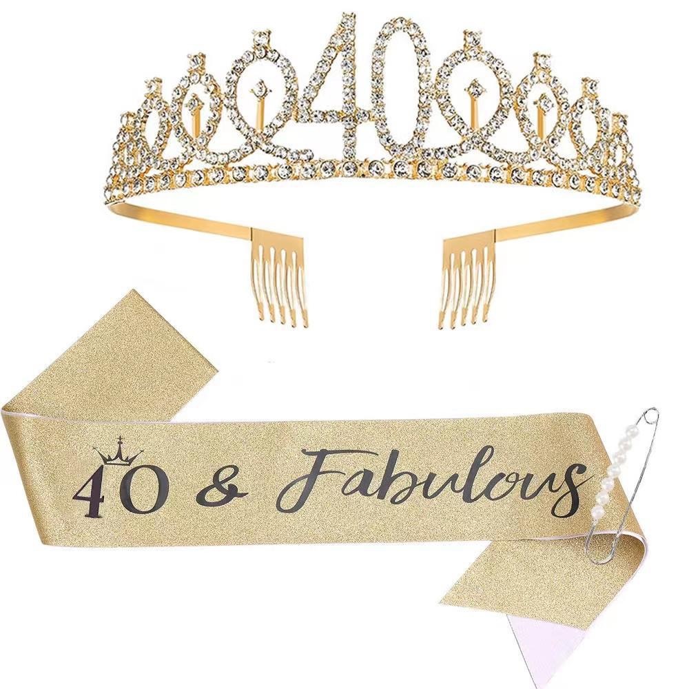 40 & Fabulous Birthday Tiara and Glitter Sash, Rhinestone Crown for Queens.